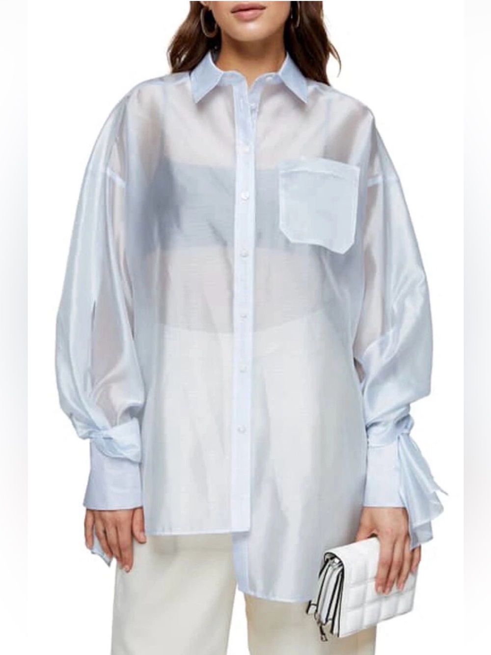 Button-Up Blouse TOPSHOP Sheer Stripe Organza Shirt In Light Blue size US 6